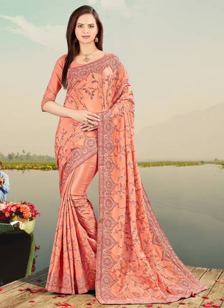 Peach Colour FIRSTCRY Designer Fancy Party Wear Chinon Heavy Resham Embroidery With Stone Work Latest Saree Collection 5228